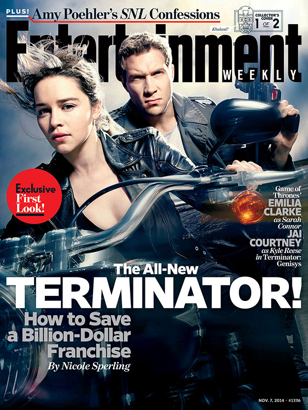 Emilia Clarke and Jai Courtney as Sarah Connor and Kyle Reese in the first Terminator Genesys photos. Image via Entertainment Weekly