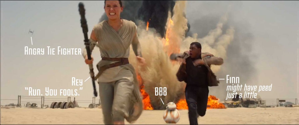 Rey, Finn, and BB8 run from Tie fighter attack