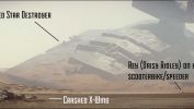 Presumably this is Rey (played by Daisy Ridley) scooting around Jakku on her speeder/scooterbike thingy. In the background we see a crashed Star Destroyer and a crashed X-Wing in the foreground. This may or may not be the same Destroyer the Falcon flies through later Crashed Star Destroyer and X-Wing on Jakku